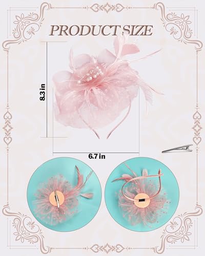 Girls Tea Party Fascinators Hats Girls Church Hats 20s 50s Pillbox Hat Cocktail Mesh Flower Pearl Feather Headband - color: Dusty Pink