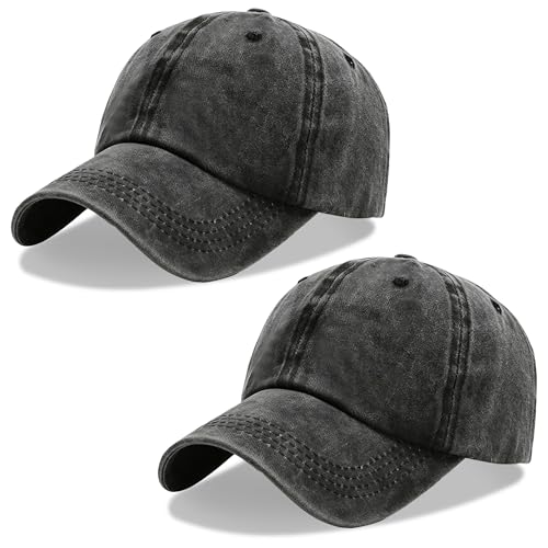 2Pack Vintage Washed Cotton Baseball Caps, Adjustable Low Profile Dad Hat, Unconstructed Distressed Plain Cap for Men Women - color: Black+black