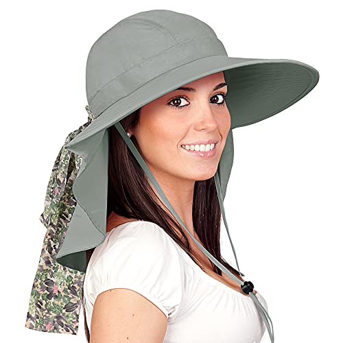 Solaris UPF 50+ Wide Brim Sun Hat for Women - Small Size Packable Lightweight, Floral Scarf Cooling Hat with Neck Flap - color: #1 Gray