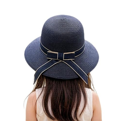 Summer Little Girl Kids Breathable Straw Hat Foldable UV Protection Bowknot Wide Brim Floppy Beach Sun Visor Hats - color: Navy