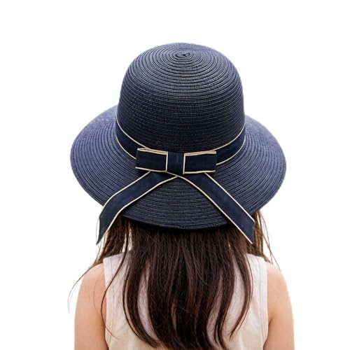 Summer Little Girl Kids Breathable Straw Hat Foldable UV Protection Bowknot Wide Brim Floppy Beach Sun Visor Hats - color: Navy