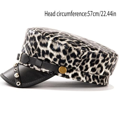 Women's Yacht Captain Sailor Hat, PU Material Newsboy Hat, Stylish Biker Hat, Baker Boy Hat, Peaked Beret - color: Gray Leopard Print