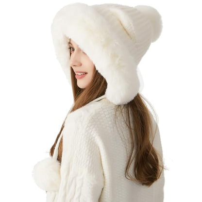 HUAMULAN Women Winter Sherpa Beanie Hats Knit Ear Flaps Fleece Lined - color: Cream White