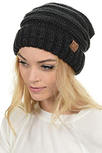 C.C Hat-100 Oversized Baggy Slouch Thick Warm Cap Hat Skully Cable Knit Beanie - color: Black/Gray Mix