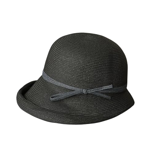 CORIRESHA Women's Vintage 1920s Audrey Hepburn Hat Bow Straw Cloche Beach Sun Cap - color: Black