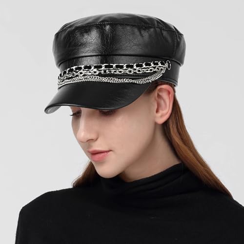 Women Metal Chain Flat Top PU Leather Newsboy Paperboy Hat Painter Cap - color: Chains Black