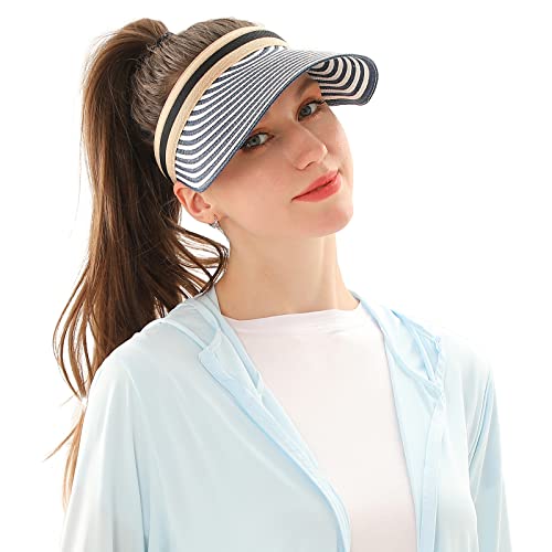 Women Summer Sun Hat Lady's Portable Beach Visor Bowknot Straw Hat - color: Navy Stripe