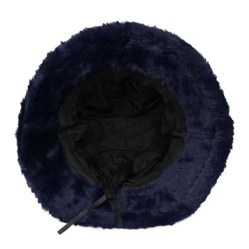Umeepar Winter Faux Fur Fuzzy Bucket Hat Fluffy Warm Hat for Women Men - color: Plain Dark Blue