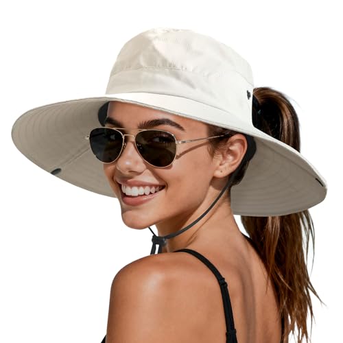PFFY Sun Beach Hats for Women Men Wide Brim Fishing Bucket Hat - color: Beige