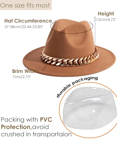 Men & Women Wide Brim Fedora Hat with Chain Buckle - color: Chain Belt-khaki