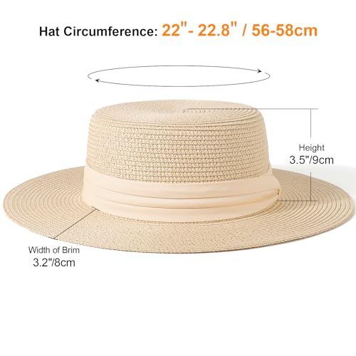 DRESHOW Women Straw Panama Hat Travel Fedora Beach Sun Hat Summer Wide Brim Straw Roll up Hats UPF 50+ - color: 1 Pack Boater Hat: Light Beige With Beige Band