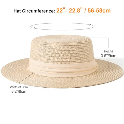 DRESHOW Women Straw Panama Hat Travel Fedora Beach Sun Hat Summer Wide Brim Straw Roll up Hats UPF 50+ - color: 1 Pack Boater Hat: Light Beige With Beige Band