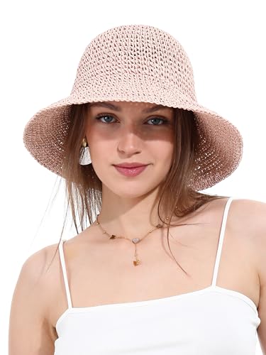 Womens Sun Hat Handmade Crochet Straw Bucket for Summer Foldable Travel Cap - color: Pink