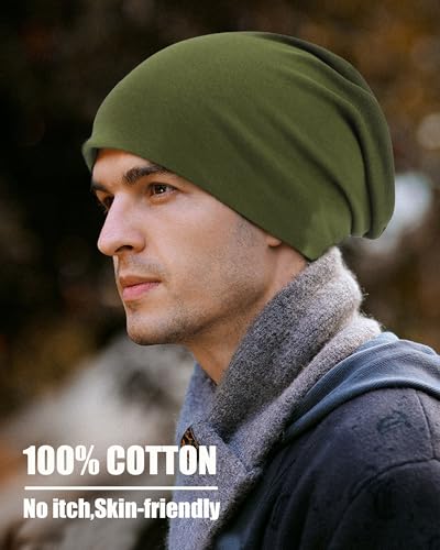 ROYBENS 100% Cotton T-Shirt Beanie for Women Men Slouchy Soft Skull Cap - color: 2pcs-black, Army Green