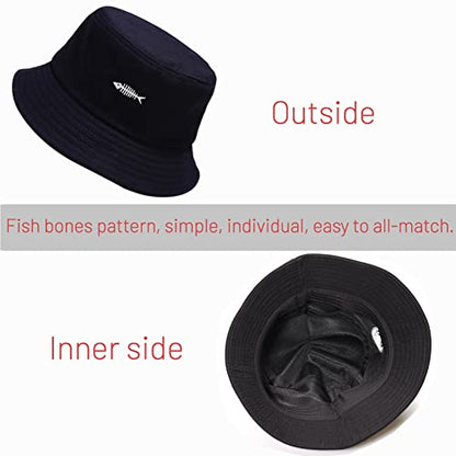 Cotton Bucket Hat for Women Men Summer Travel Sun Beach Bucket Cap, Unisex Outdoor Fisherman Hat - color: Fish Bones Black