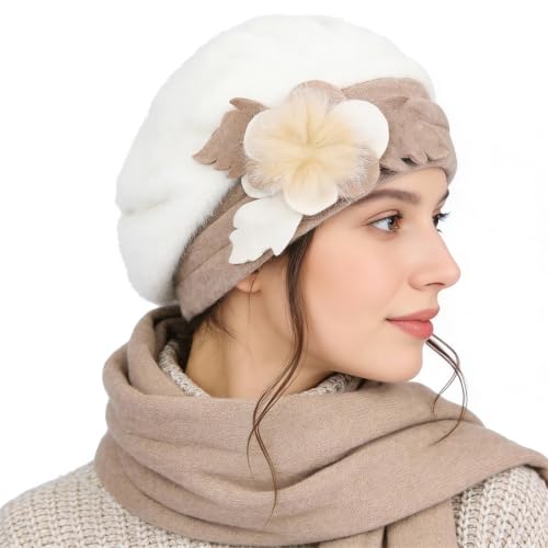Women’s Vintage Wool Beret Winter Hats Elegant French Beret Beanie Dress Hat for Ladies - color: Br022-cream