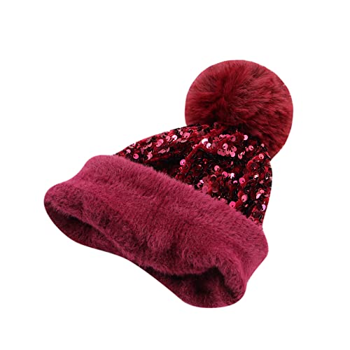 Women Sparkly Sequins Knitted Beanie Hat Warm Winter Skull Cap with Faux Fur Pom Pom - color: Wine Red