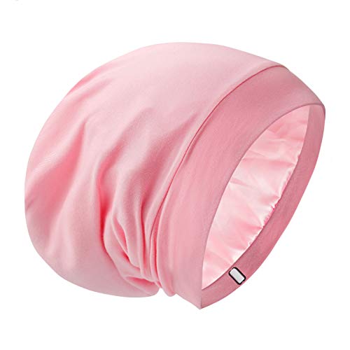 Silk Satin Lined Bonnet Sleep Cap - Adjustable Stay on All Night Hair Wrap Cover Slouchy Beanie for Curly Hair Protection for Women and Men - Solid Pink - color: Solid Pink, size: One Size