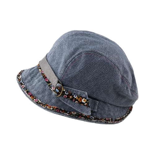 Women Denim Bucket Hat Brim with Floral Foldable Versatile Cap - color: Blue