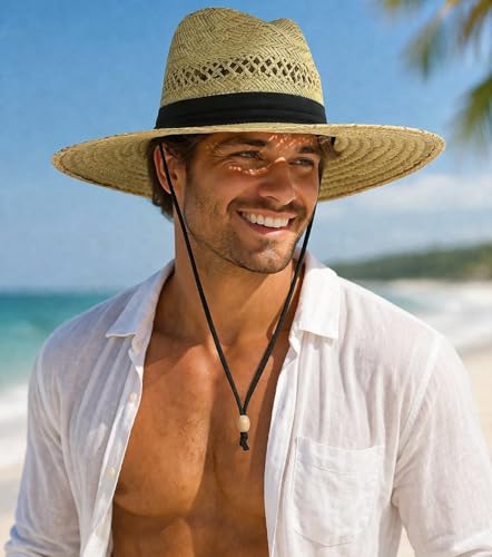 SUN & FUN Men's Straw Outback Lifeguard Sun Hat with Wide Brim, Natural/ Black, One Size / Adjustable