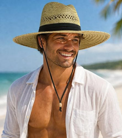 SUN & FUN Men's Straw Outback Lifeguard Sun Hat with Wide Brim, Natural/ Black, One Size / Adjustable