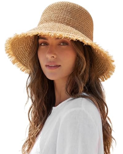 Beach Hats for Women, Straw Bucket Hats Packable Wide Brim - color: Khaki
