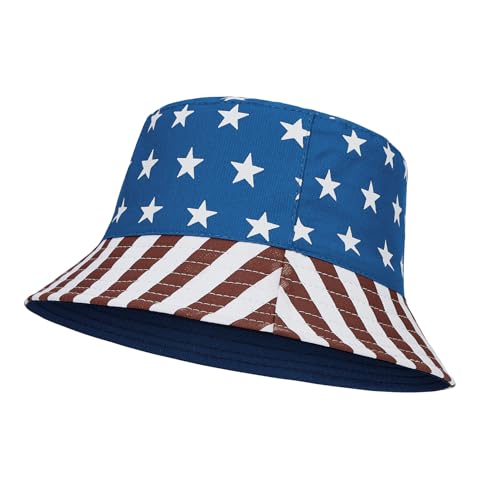 Kids Bucket Sun Hat for Boys Girls, UPF 50+ Packable Wide Brim Beach Cap - color: American Flag