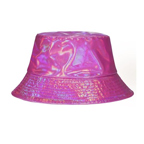 MILAKOO Rave Hologram Metallic Bucket Hat Reversible Cap Reflective Waterproof Rain Fisherman Hat - color: C: Rose Red