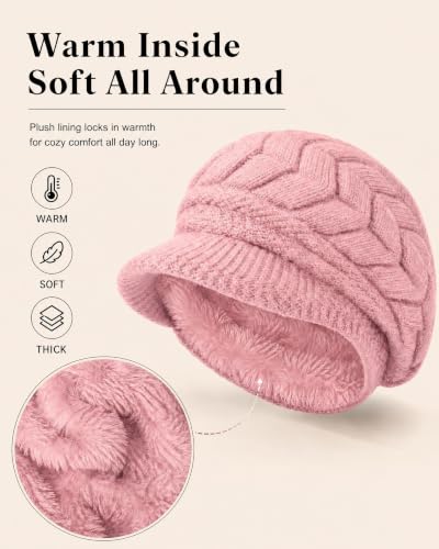 YSense 2 Pack Womens Winter Hats Warm Knit Beanie with Visor - color: Beige Pink