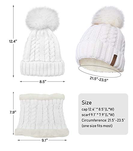 IYEBRAO Womens Winter Knit Beanie Hat and Scarf Set Girls Cute Slouchy Thick Fleece Lined Ski Hat Warm Skull Cap with Pom - color: A4-white