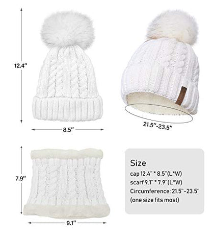 IYEBRAO Womens Winter Knit Beanie Hat and Scarf Set Girls Cute Slouchy Thick Fleece Lined Ski Hat Warm Skull Cap with Pom - color: A4-white