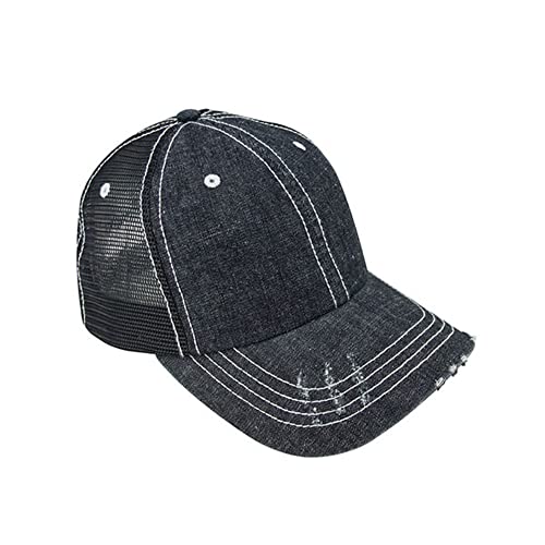 The Vintage Year Distressed Cotton Unstructured Soft Mesh Breathable Adjustable Dirty Wash Dad Hat Trucker Baseball Cap - color: Distressed Denim Black