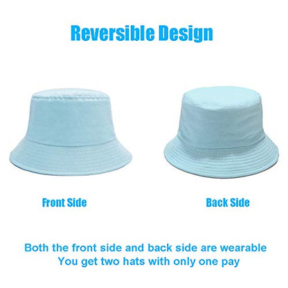Bucket Hat for Women Men, Reversible Cotton Summer Sun Beach Cap Solid Color Style - color: A-sky Blue