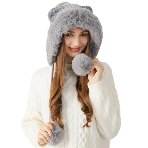 HUAMULAN Women Winter Sherpa Beanie Hats Knit Ear Flaps Fleece Lined - color: Grey