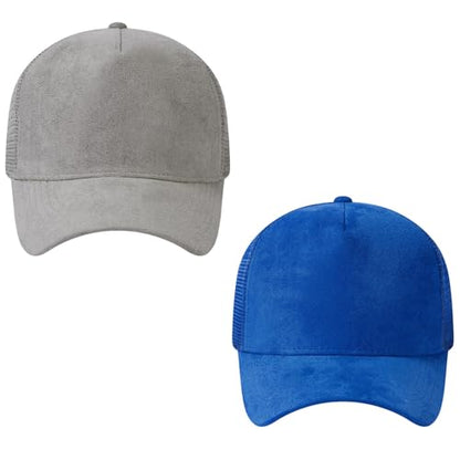 Suede Curved Brim Trucker Cap Adjustable Snapback Hat Mesh Back Breathable for Men Women 2 Pack SH03 - color: Pack of 2, Light Grey & Royal Blue