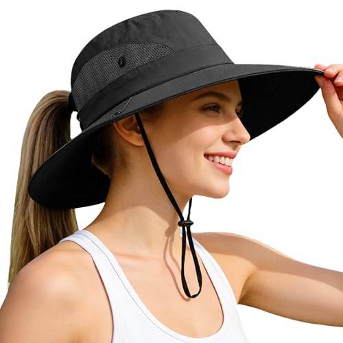 Rosoz Ponytail Sun Bucket Hats for Women UV Protection Foldable Wide Brim - color: 1 Pack-black
