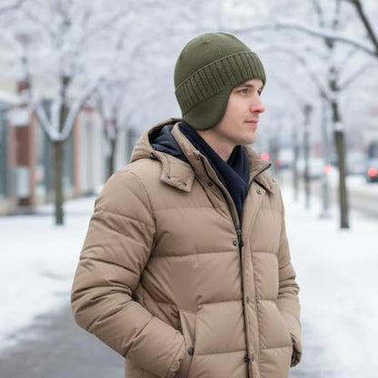 Home Prefer Mens Winter Hat Knit Earflap Hat Stocking Caps with Ears Beanie Hat - color: Army Green