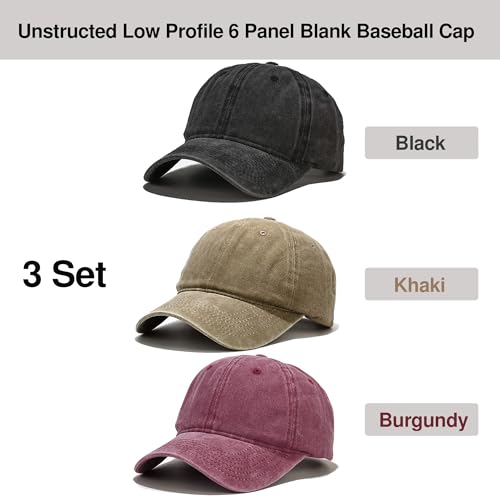 Baseball Cap 3 Pack, Vintage Distressed Cotton Dad Hats for Women Men - color: Black, Burgundy, Khaki