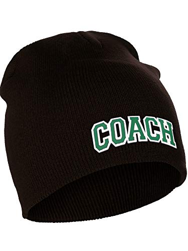 I&W Sports Team Coach Arch Letters Winter Knit Cuffless Beanie 3D Raised Layers - color: Brown Beanie White Green