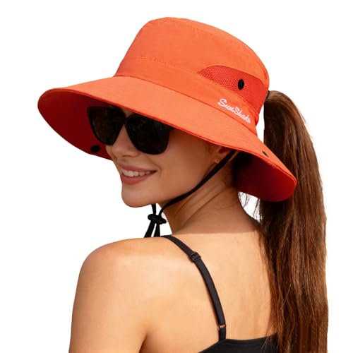 ZOORON Women's Ponytail Safari Sun Hat,Wide Brim UV Protection Bucket Hat - color: 1- Pure Orange