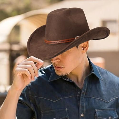 DRESHOW Cowboy Hat for Women and Men Wide Brim Western Cowboy Cowgirl Hat with Belt Buckle Unisex Rolled up Caps - color: Deep Coffee