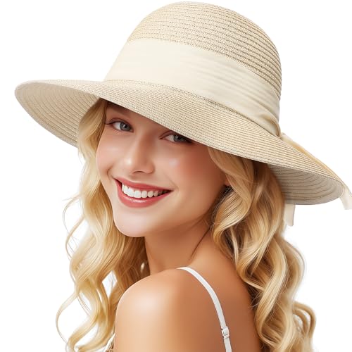 Beach Hats for Women, Sun Straw Hat for Women, UPF 50+ UV Foldable Sun Hat - color: Beige