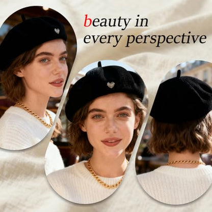 Women's Chenille Beret - Soft & Warm French Hat with Metal Heart Accent for Fall/Winter. - color: Black