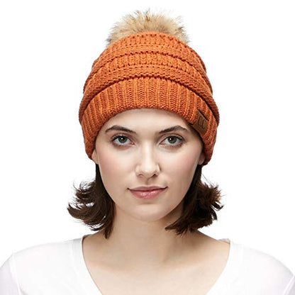 C.C Fur Pom Winter Fall Trendy Chunky Stretchy Cable Knit Beanie Hat - color: Solid Rust