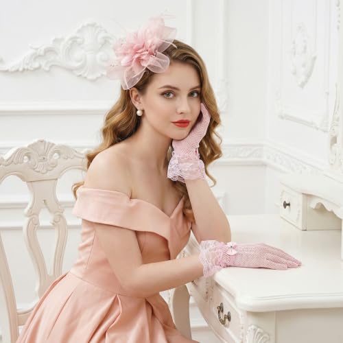 Fascinators Hats with Lace Gloves for Women Headband for Tea Party Wedding - color: Pink