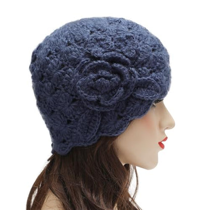 ZLYC Women Winter Crochet Knit Floral Beanie Hat - color: Rose Blue, size: One Size