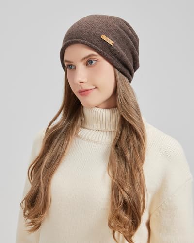 100% Merino Wool Slouchy Beanie Hat, Women Warm Winter Caps Soft, Ladies Breathable & Cozy Stretchy Knitted Skull Cap - color: Coffee