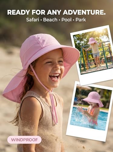icolor Kids Sun Hat UPF50+ Sun Protection Bucket Hat Toddler Summer Beach Play Hats with Neck Flap for Girl Boy Ages 3~10 - color: Solidpink