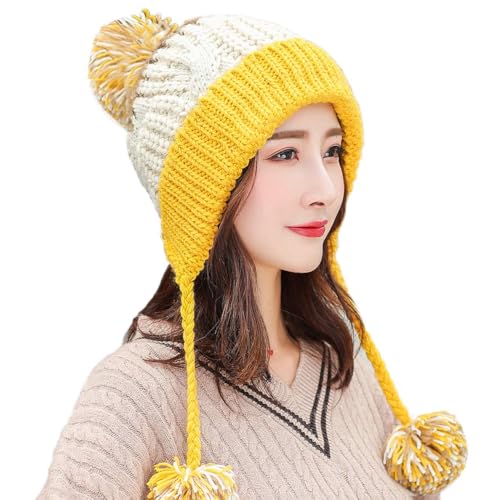 HUAMULAN Women Winter Sherpa Knit Beanie Hat Fleece Lined Ear Flaps - color: Beige Yellow