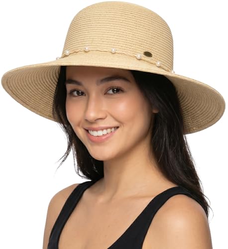 Funky Junque Wide Brim Panama Sun Hat, Womens Packable Straw - color: Pearl Trim - Natural Multi